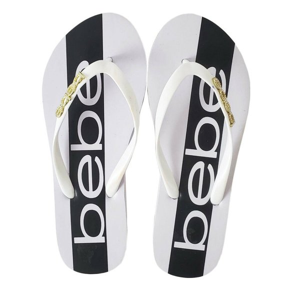 NWT BEBE WOMEN'S WHITE BLACK THONG SLIP ON SANDALS - Picture 2 of 9